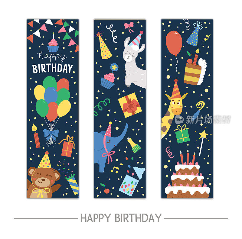 Set of Birthday party greeting card templates with cute animals on dark background. Anniversary vertical invitation for kids. Bright holiday bookmark illustration with funny characters